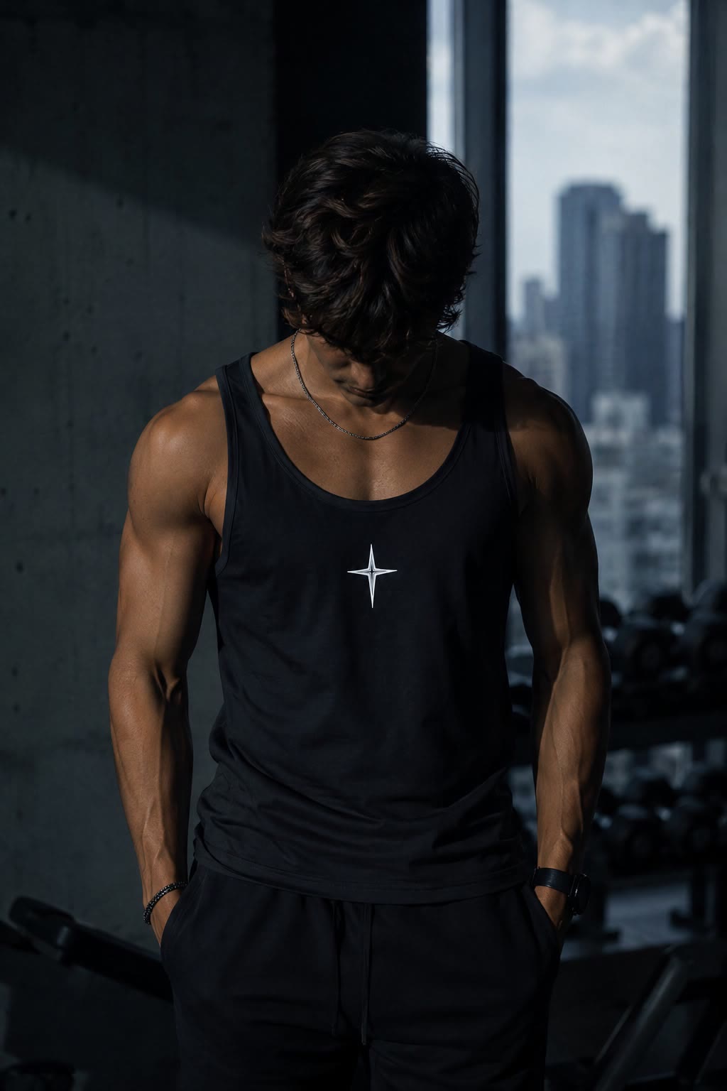 Vêtement de musculation LLTK en salle avec vue urbaine